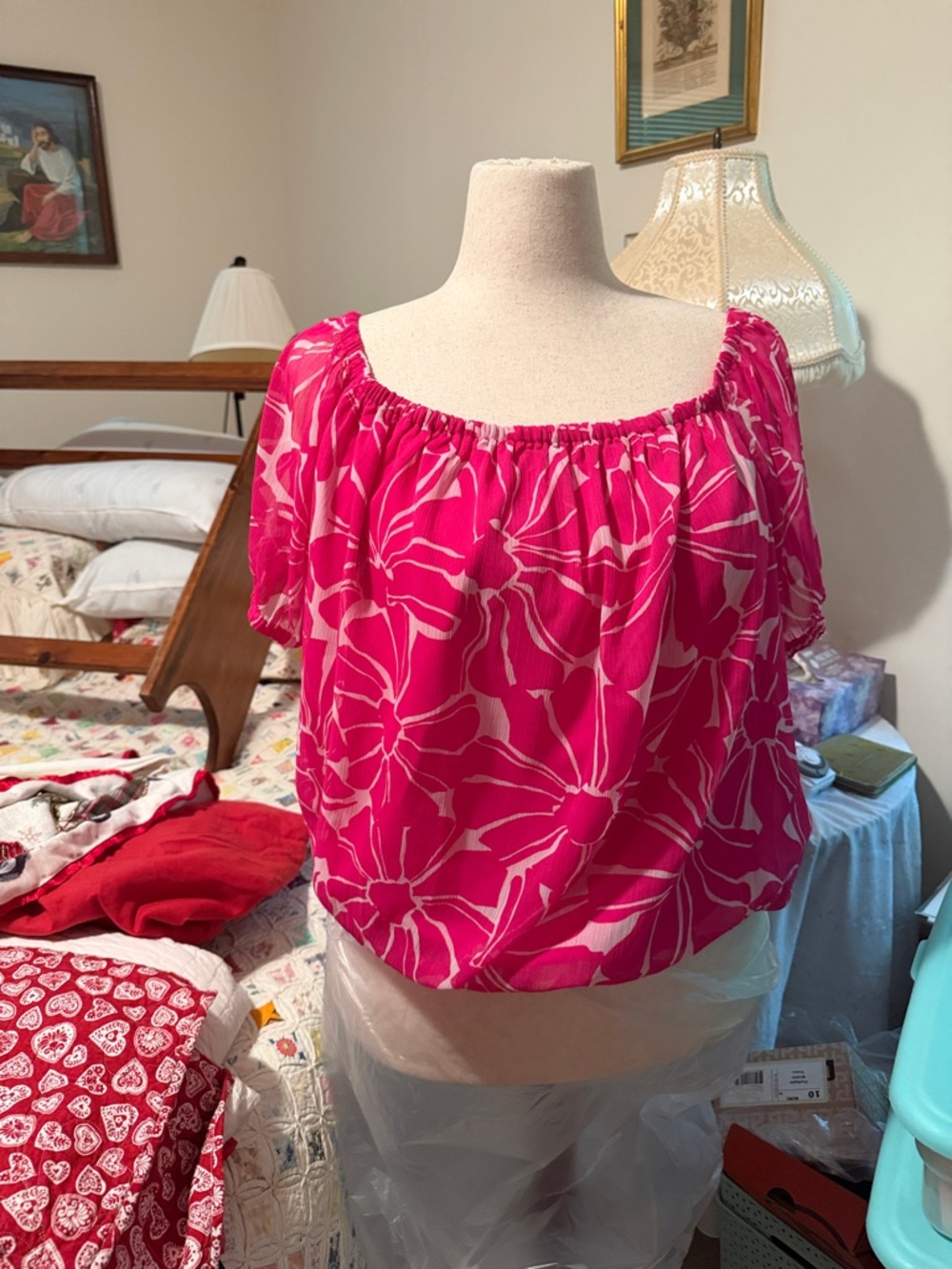 INC International Concepts Hot Pink Floral Off-Shoulder Blouse